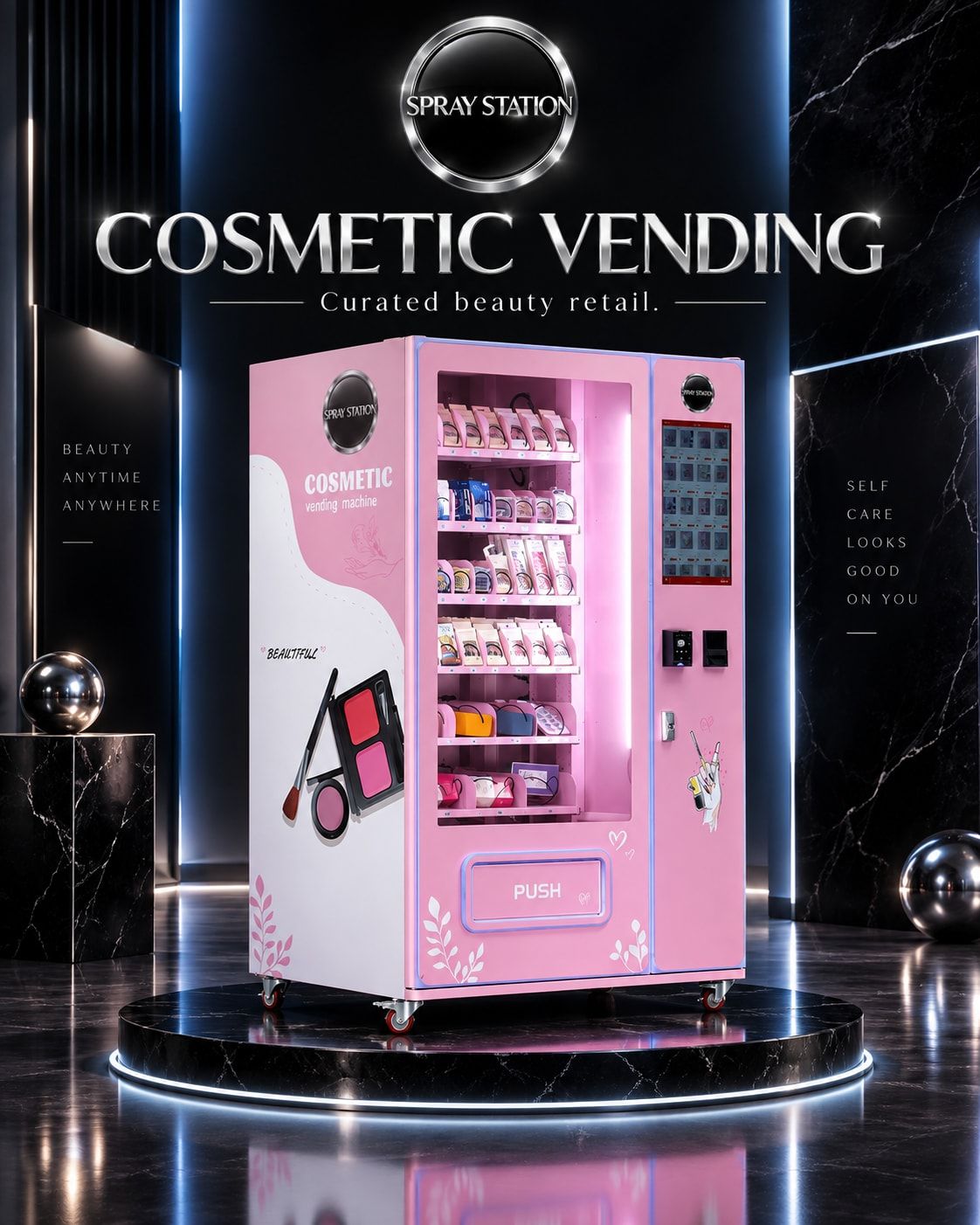 Cosmetic vending machine with branded side panel and products displayed behind glass