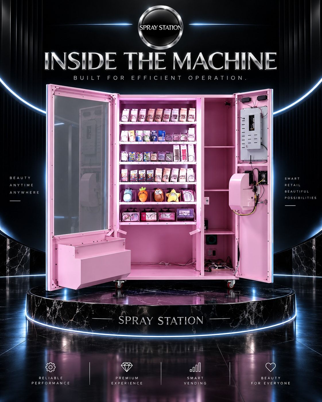 Inside the beauty vending machine: open cabinet showing product shelves