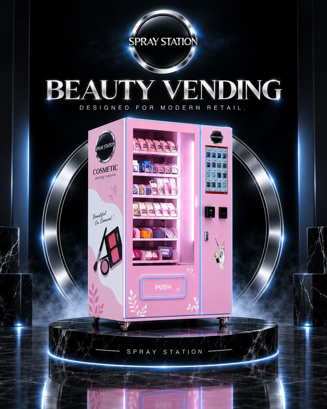 Beauty vending machine designed for modern retail, shown on a display plinth