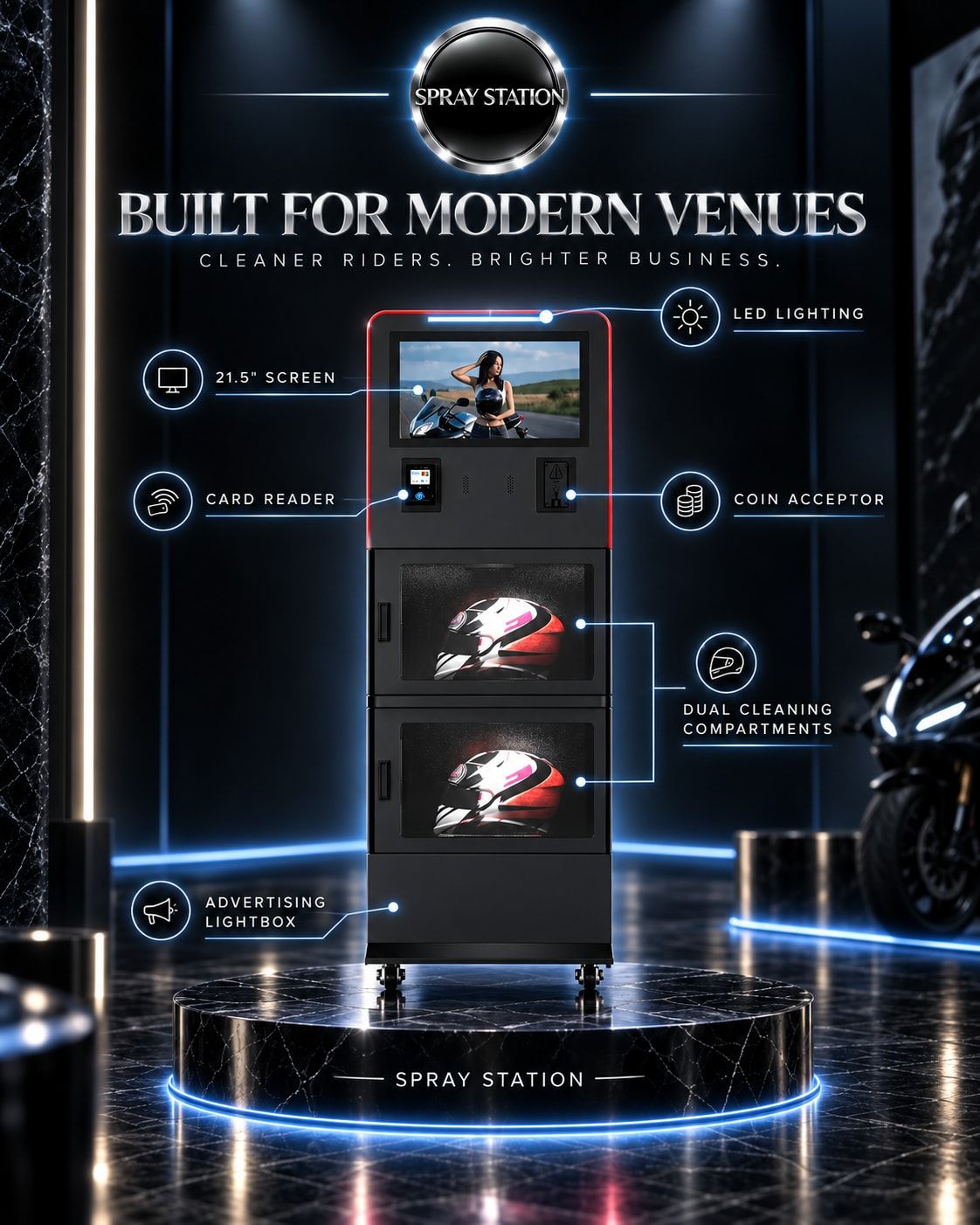 Helmet cleaning vending machine annotated with 21.5-inch screen, card reader, coin acceptor, LED lighting and dual cleaning compartments