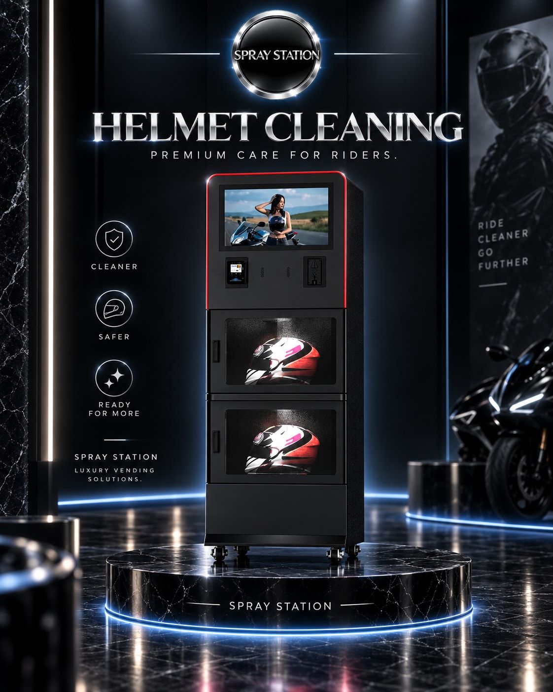 Helmet cleaning machine for motorcycle riders shown on a display plinth