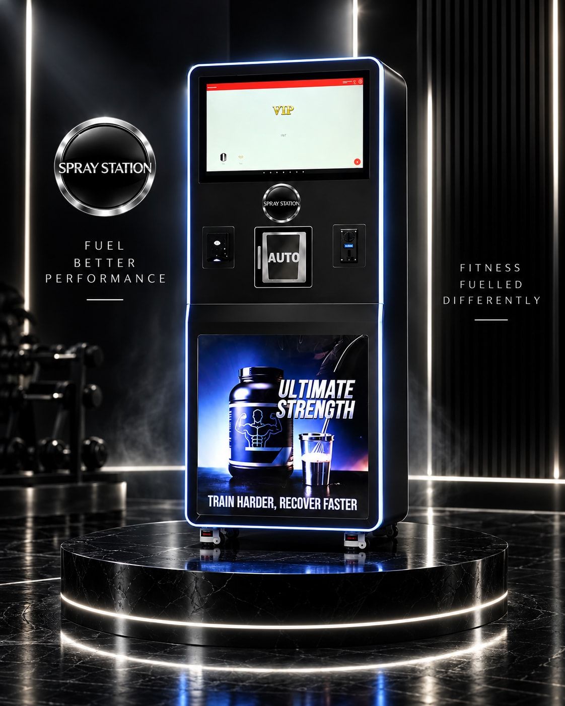 Protein shake vending machine front view showing touchscreen, payment reader and illuminated advertising panel