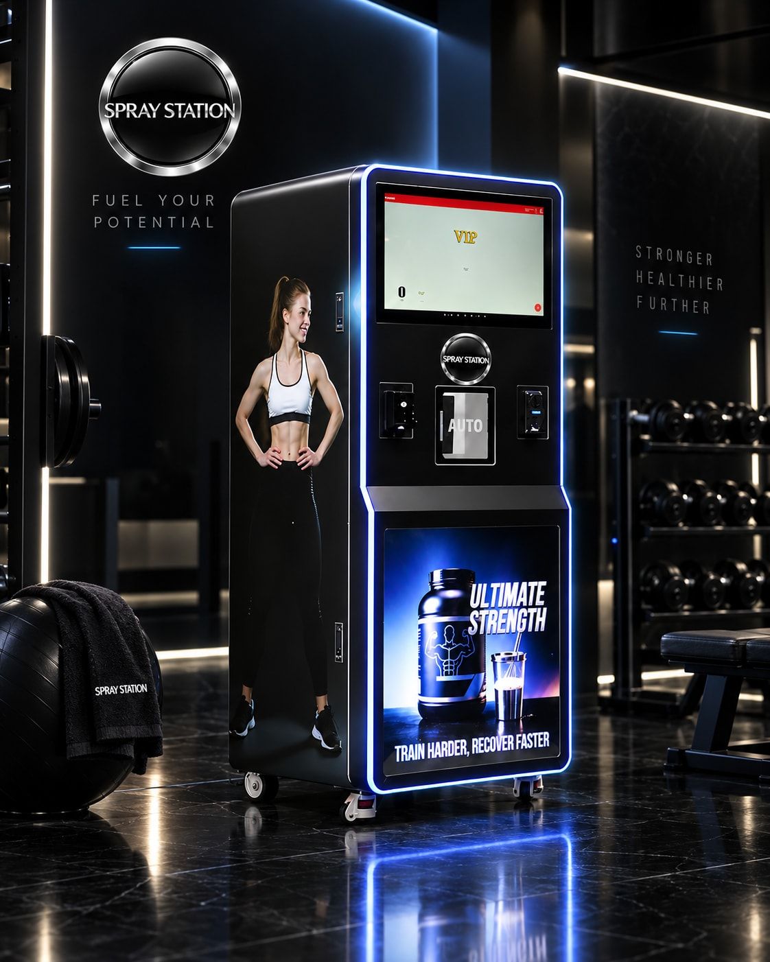 Protein shake vending machine installed in a gym with branded side panel