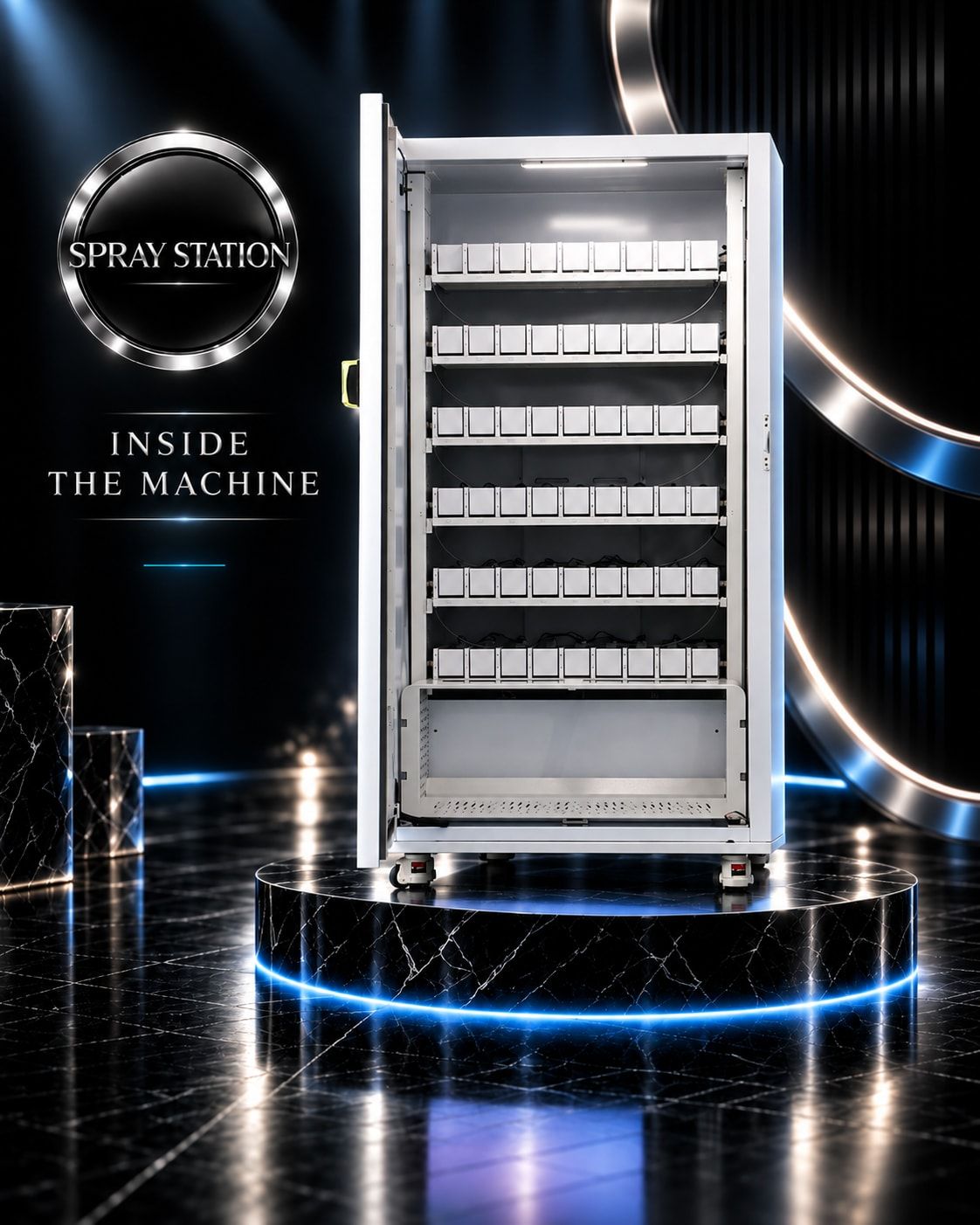 Inside the refrigerated vending machine: chilled cabinet with product trays and lift system
