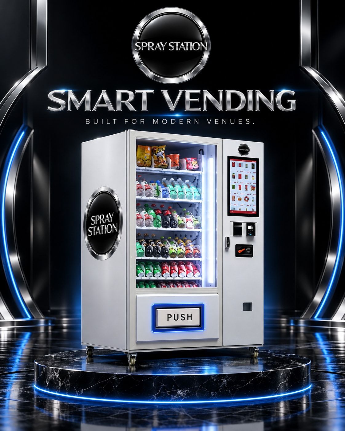 Snack and drink vending machine with glass front showing snacks and drinks and a large side touchscreen