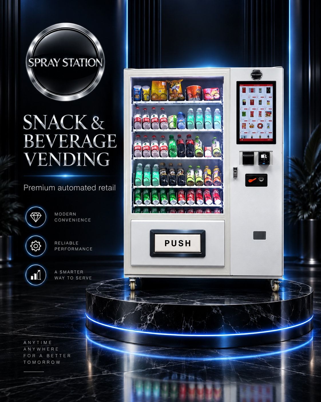 Snack and beverage combo vending machine with touchscreen, card reader and push collection door