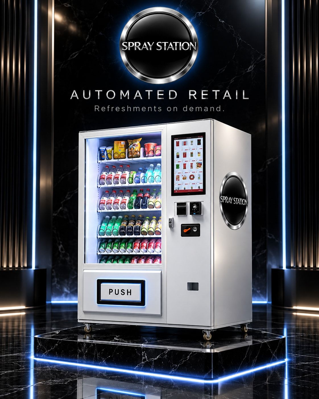 White combo vending machine stocked with drinks and snacks behind a glass window