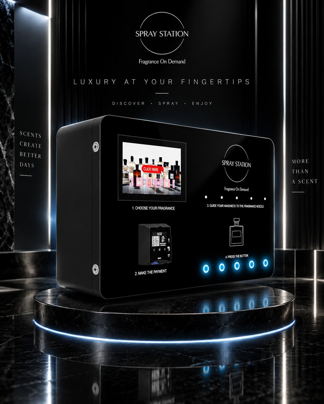 The Spray Box wall-mounted perfume vending machine with touchscreen, card reader and five illuminated spray buttons