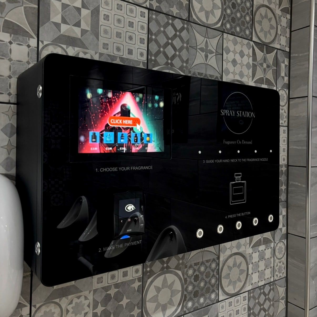 Perfume vending machine on patterned tiles with a colourful touchscreen