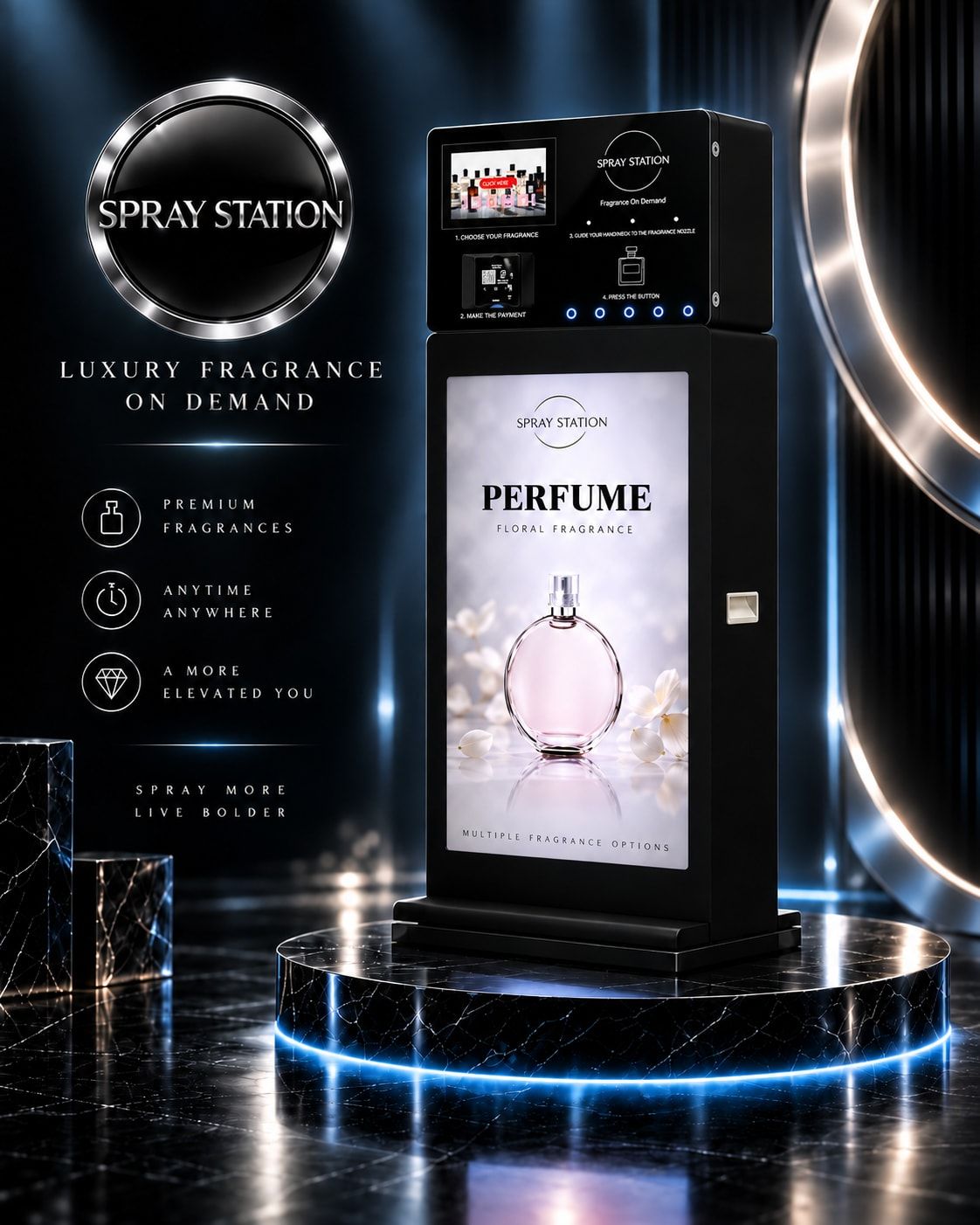 The Spray Pedestal freestanding perfume vending machine with a printed perfume graphic panel on its display base