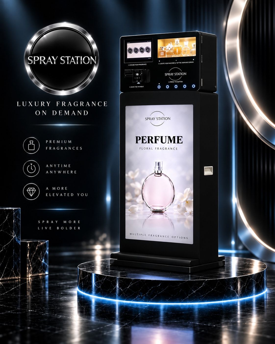Spray Pedestal perfume vending machine shown from the front with fragrance unit, payment reader and five spray buttons