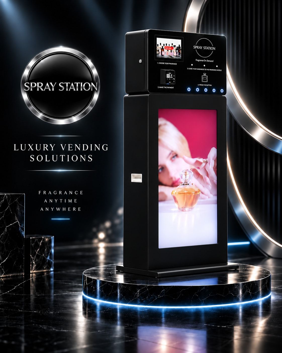 The Spray Stand freestanding perfume vending machine with a fragrance unit above a large 43-inch advertising screen
