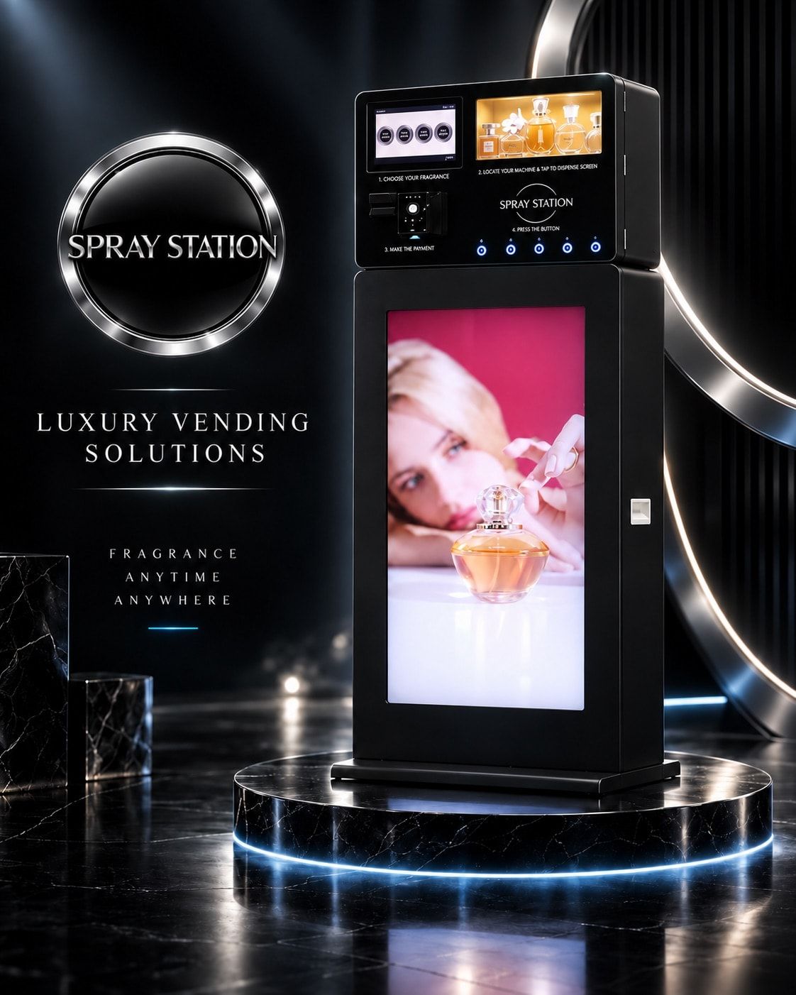 Spray Stand configuration with an illuminated fragrance bottle display window above the advertising screen