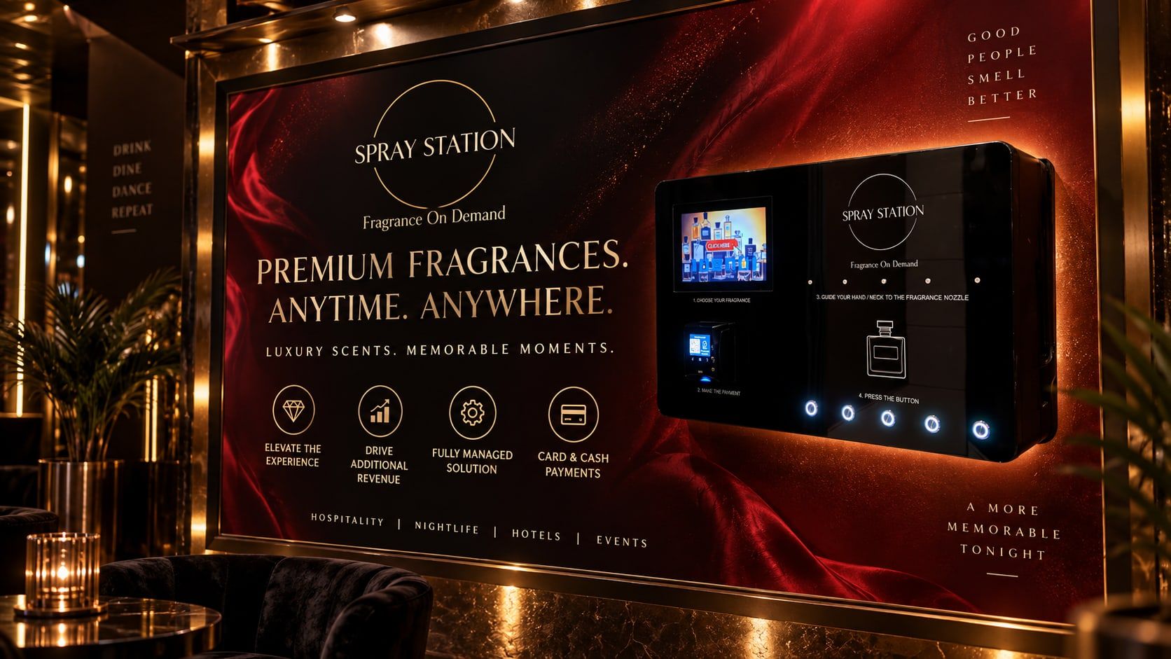 Spray Station perfume vending billboard: premium fragrances, anytime, anywhere